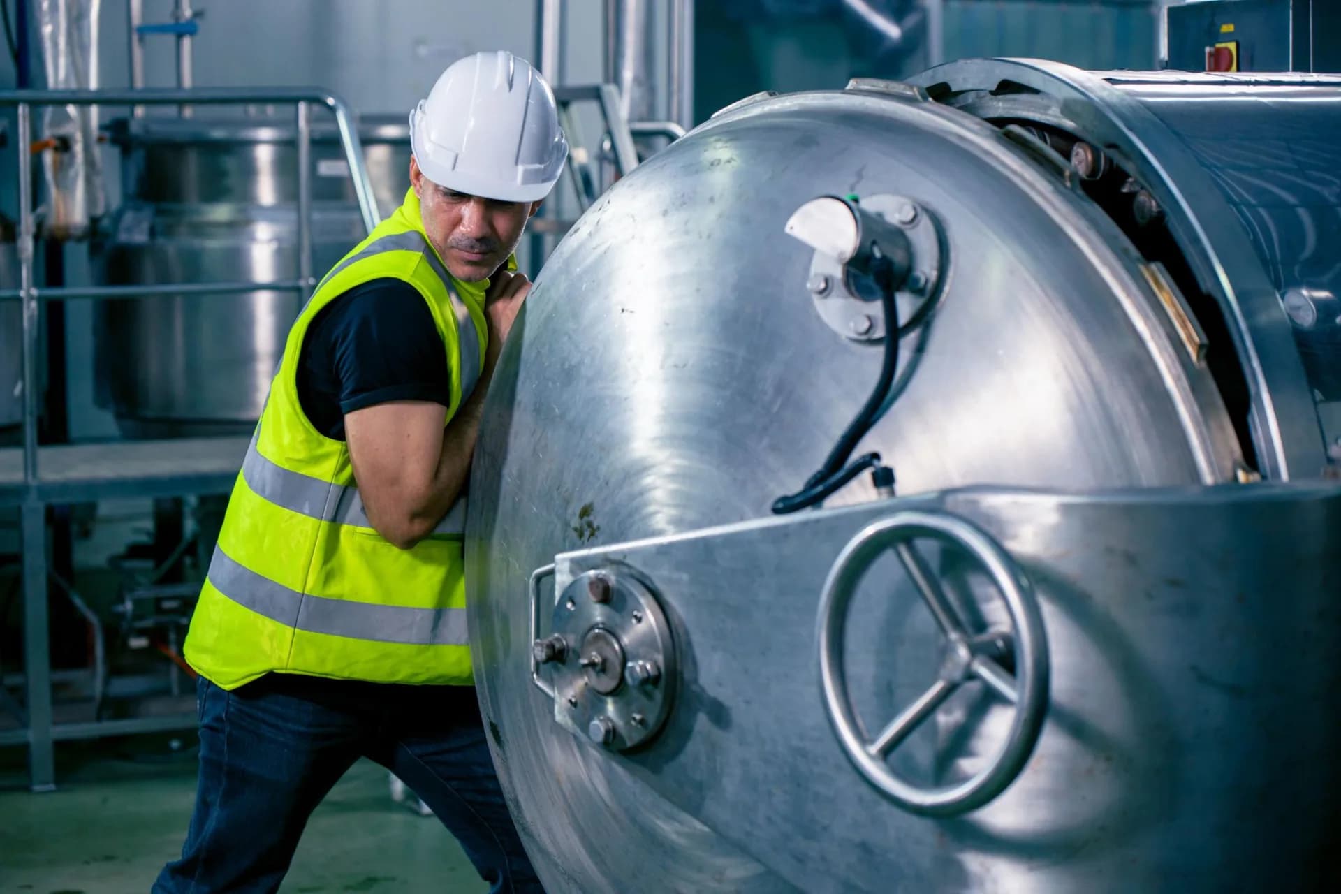 Technicien en intervention sur un équipement sous pression (autoclave inox) en usine